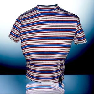 True Religion Red, White, Blue, & Black Striped Cropped Short Sleeve T Size SM